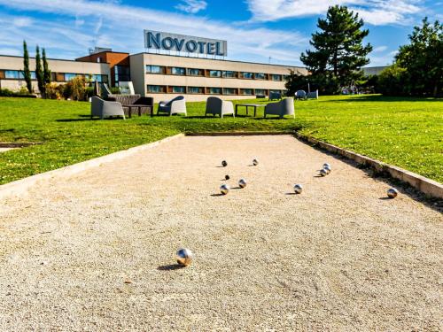 a group of birds sitting on the ground in front of a building at Novotel Reims Tinqueux in Reims