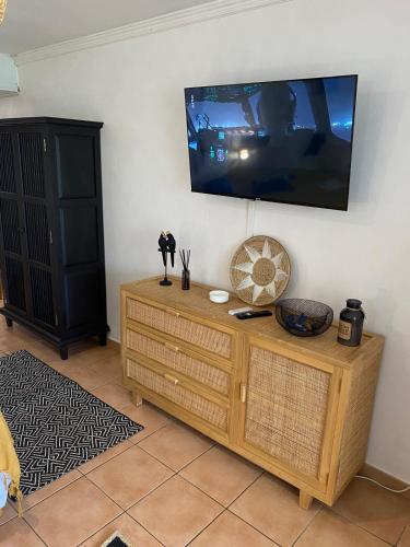 a living room with a tv on a wall at Studio Coco Zen in Sainte-Anne