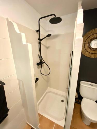 a bathroom with a shower with a toilet and a lamp at Studio Coco Zen in Sainte-Anne