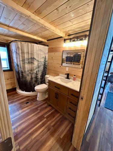 a bathroom with a toilet a sink and a shower at Index Peak Cabin in Silver Gate