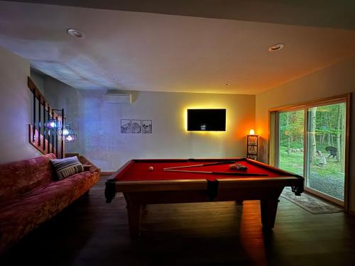 ein Wohnzimmer mit einem Billardtisch und einem TV in der Unterkunft Evergreen Escape - Jim Thorpe Multi Ski Resort in Albrightsville