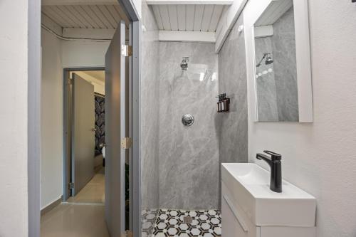a bathroom with a shower with a sink and a toilet at Portocafe Ocean Park Home 5Bd 4b Pool WalkToBeach in San Juan