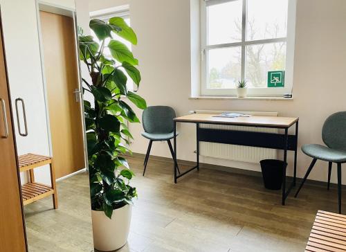an office with a table and chairs and a plant at Das SinGold Hotel mit Highspeed WLAN und digitalem Schlüssel in Schwabmünchen