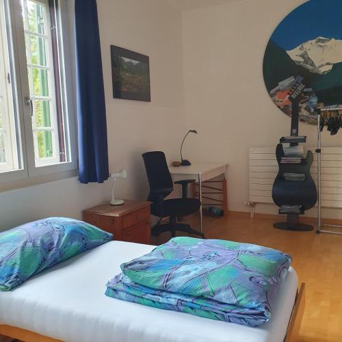 a bedroom with a bed and a desk and a chair at Traditional Swiss-Flat in Interlaken