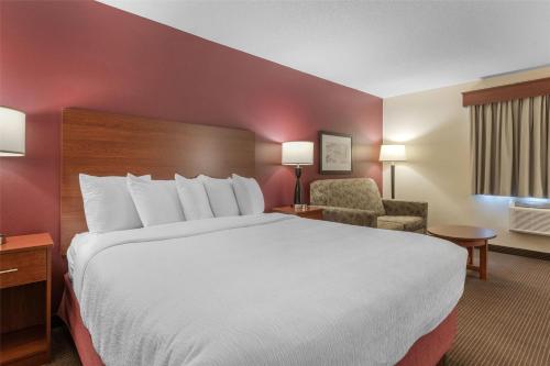 a hotel room with a large bed and a chair at SureStay Plus Hotel by Best Western Litchfield in Litchfield