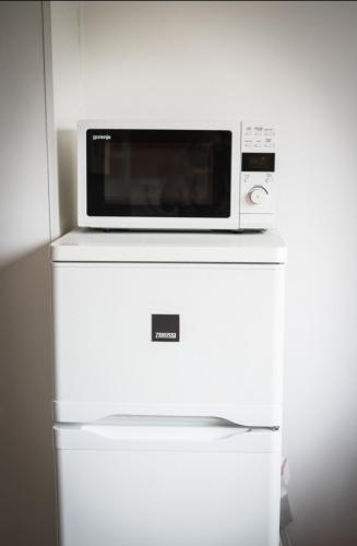 a microwave sitting on top of a refrigerator at Hídfő apartman in Szeged