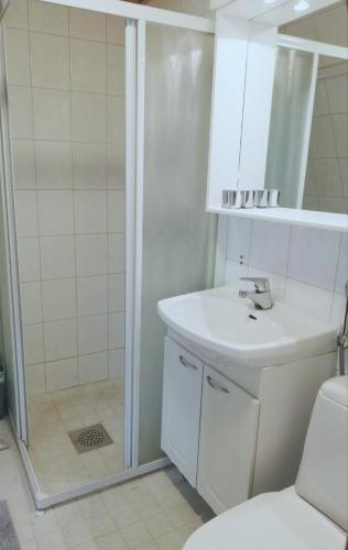 a bathroom with a white sink and a shower at Levin KUURA in Kittilä