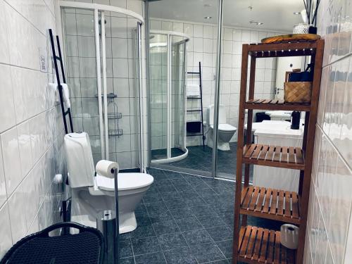 une salle de bains avec toilettes, douche et lavabo dans l'établissement Bergen Centrum Modern Apartment, à Bergen