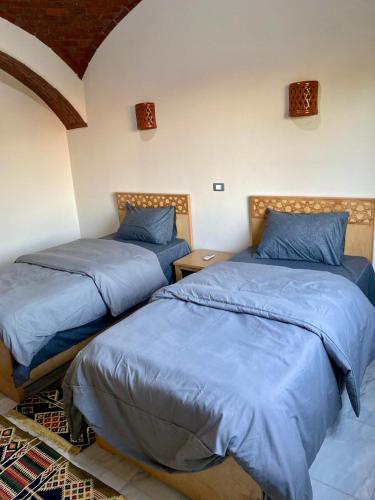 two beds in a room with blue sheets at Tasneem Palace in Luxor