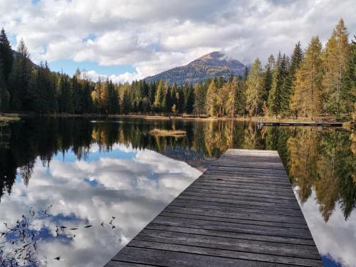 a dock on a lake with a mountain in the background at Eden Kleinbichl Top 7 in Tamsweg