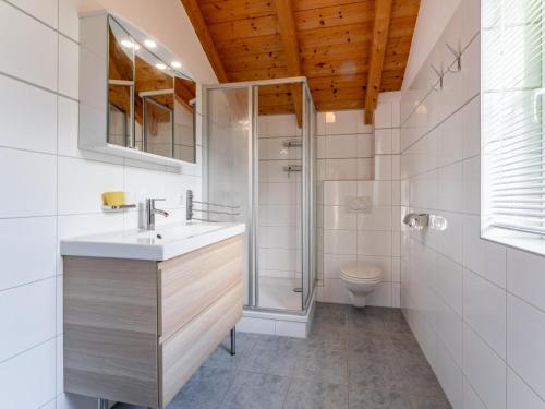 a bathroom with a sink and a shower and a toilet at Gailblick in Kötschach