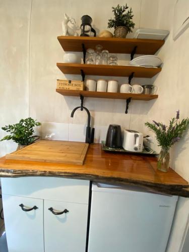 a kitchen with white cabinets and a wooden counter top at Tropical Garden Retreat in Napier