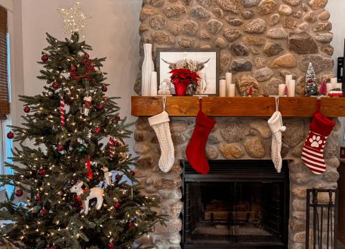 a living room with a christmas tree and a fireplace at Bella and Dulce's Lakehouse in Union Pier
