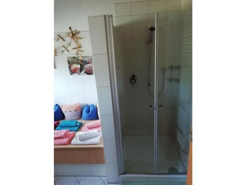 a shower with a glass door in a bathroom at 1-bedroom holiday home in Lechbruck
