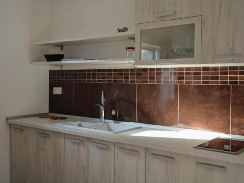 een aanrecht met een spoelbak en een spiegel bij Standard One Bedroom Apartment in Čatež ob Savi