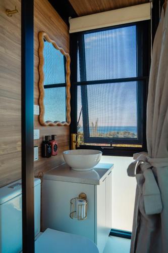 a bathroom with a sink and a window at The Bambino - By Casa Bicheno in Bicheno