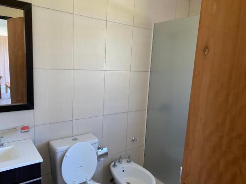 a white bathroom with a toilet and a sink at Quinta el roquedal in Baradero