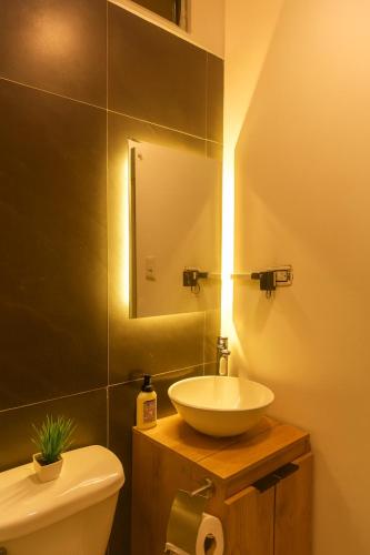 a bathroom with a sink and a toilet and a mirror at Departamento Confort Colinas in Chihuahua