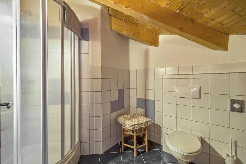 La salle de bains est pourvue d'une douche et de toilettes. dans l'établissement Hotel Garni Chasa Nova, à Samnaun