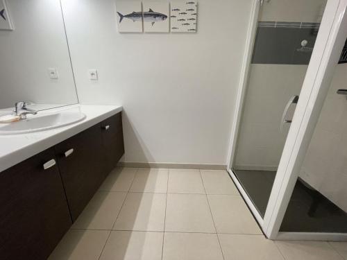 a bathroom with a sink and a shower at Appartement T3 PMR, 2 chambres, jardin privé, plage à pied, parking, internet 4G - FR-1-775-14 in Sarzeau