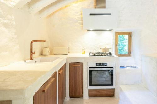 a kitchen with a sink and a stove at Historic Chestnut Kiln With Pool In The Cévennes in Les Plantiers