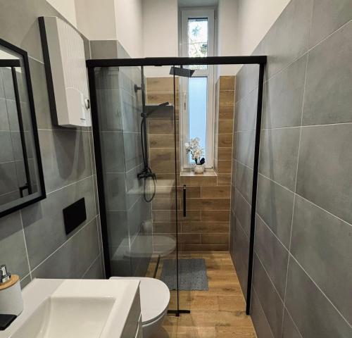 ein Badezimmer mit Dusche, Toilette und Waschbecken in der Unterkunft Apartament 87 in Jelenia Góra