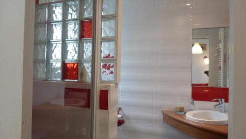 a bathroom with a sink and a mirror at Les Taouleres in Hastingues