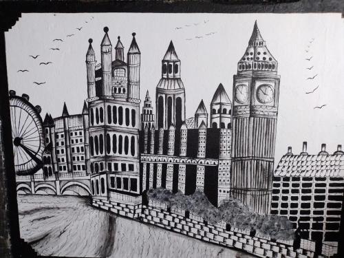 a drawing of a city with a clock tower at Mount Villa in Dehiwala
