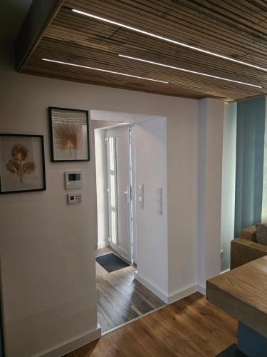 Elle comprend un salon doté de murs blancs et d'un plafond en bois. dans l'établissement Costyn Apartments 1, à NuÃŸbaum