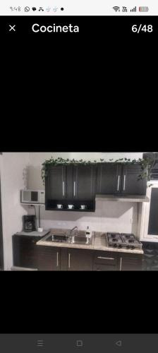 a kitchen with black cabinets and a stove top oven at Mini departamento Aire acondicionado y factura in La Armonía