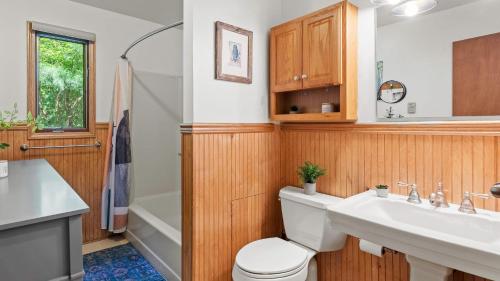 a bathroom with a toilet and a sink and a tub at Summit Shores Tranquil Escape Designed for Groups w Fire Pit Game Room in Lake Harmony