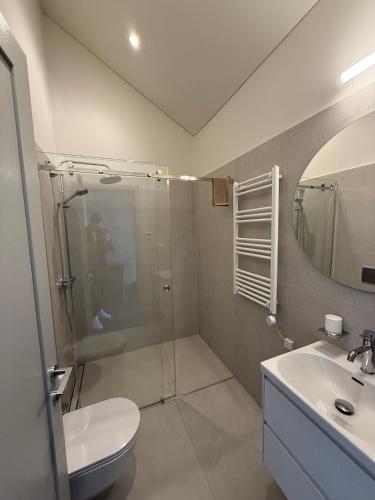 a bathroom with a shower and a toilet and a sink at Royal Horse Resort in Balkasodis