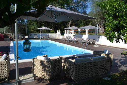 una piscina con sillas y sombrilla en Agriturismo Malena, en Rossano