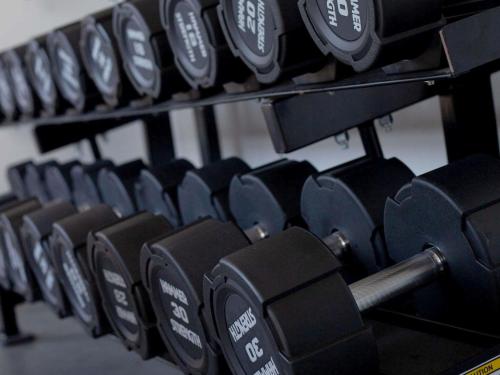a row of black dumbbells in a gym at Mercure Paris Centre Tour Eiffel in Paris