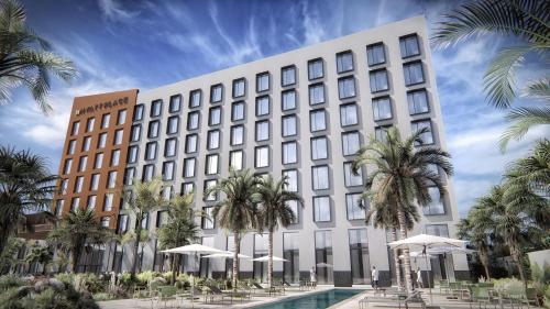 a rendering of a hotel with a pool and palm trees at Hyatt Place Cancun Airport in Cancún