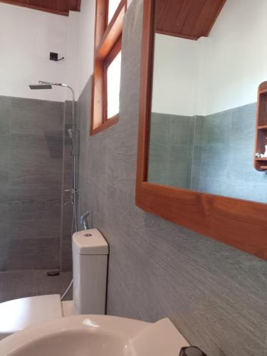 a bathroom with a toilet and a sink and a mirror at Dambulla Tree House in Dambulla