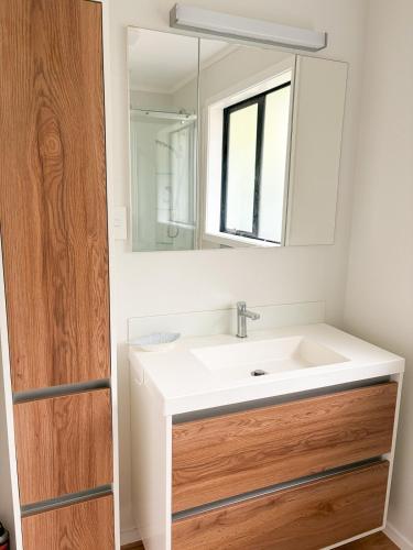 a bathroom with a sink and a mirror at Modern elegance Woburn 3 bedroom Retreat in Lower Hutt