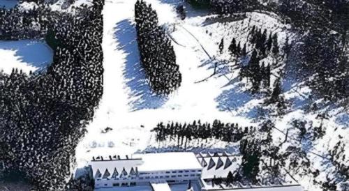 an aerial view of a snow covered mountain with trees at Gujo Kogen Hotel in Shōgahora