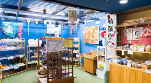 a store with blue walls and a ladder in a room at Hirayu Prince Hotel in Takayama