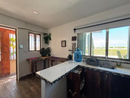 a kitchen with a sink and a window at CasaMarena in Isla Mujeres