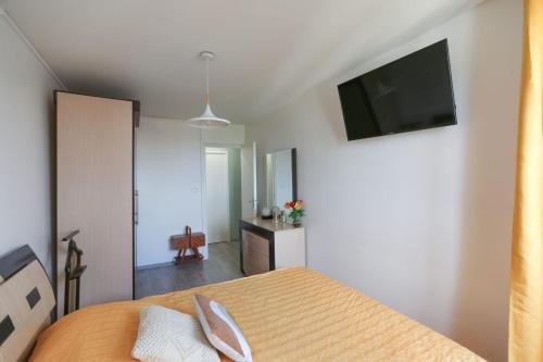 Un dormitorio con una cama y un televisor de pantalla plana. en Nice apartment with balcony in Pré-Saint-Gervais, en Le Pré-Saint-Gervais
