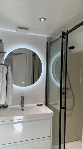 a bathroom with a sink and a mirror at Le loft insolite in Lormes