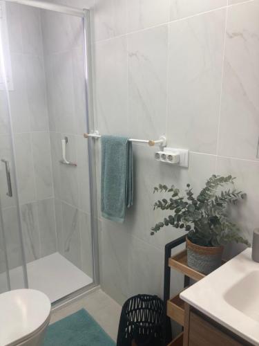a bathroom with a shower and a toilet and a sink at SUNLIGHT Spain in Manilva