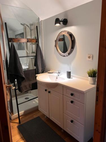 a bathroom with a sink and a shower at Gîte dans un petit haras in Mézidon