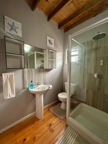 a bathroom with a sink and a toilet and a shower at Stella Maris Cabanas in Ponta do Ouro