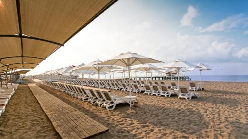 a row of chairs and umbrellas on a beach at Wind of Lara Hotel & SPA - All Inclusive in Lara
