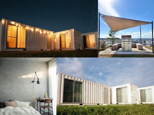 a collage of pictures of a small house at 大洗の眺望抜群なコンテナハウス #本格BBQ #大型ガスグリル完備 #貸別荘 #一棟貸切 #カップルでも家族でもグループでも楽しめる宿 #大洗 #OURoom1st in Oarai