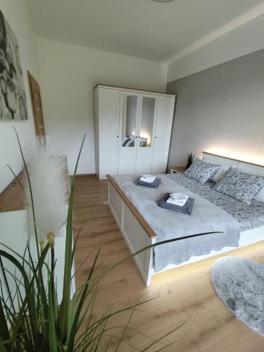 a bedroom with a large bed and a mirror at Apartman Emily B311 in Veselé