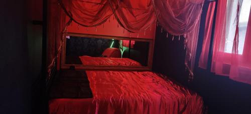 una camera da letto rossa con un letto rosso con uno specchio di Le boudoir des jouissances perverses a Chasse-sur-Rhône