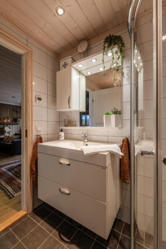 a bathroom with a sink and a mirror at Geilotunet Apartment - close to everything, free parking in garage, EV in Geilo